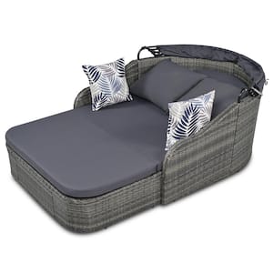 Wicker Outdoor Day Bed Patio with Adjustable Canopy and Gray Cushion