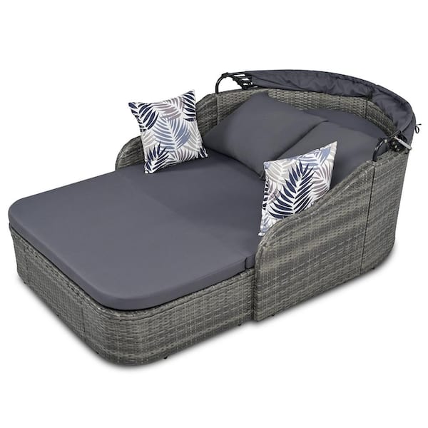 Wicker Outdoor Day Bed Patio with Adjustable Canopy and Gray Cushion