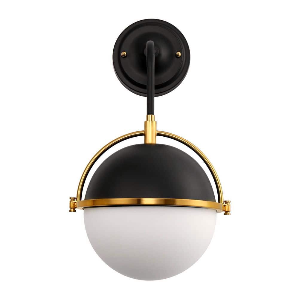 Emeritpro 10 in. 1-Light Black and Gold Wall Sconce with White Globe ...