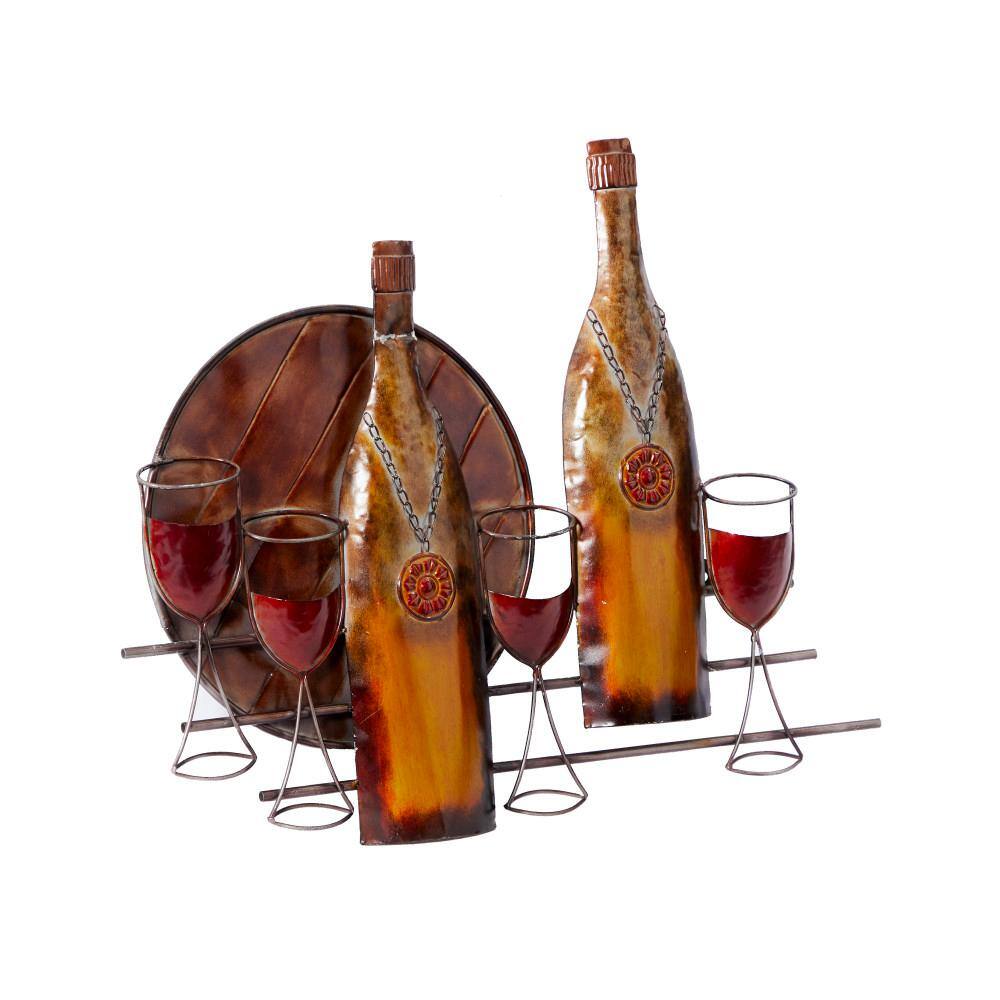 Copper Metal Wine Wall Sculpture with Glasses and Bottles