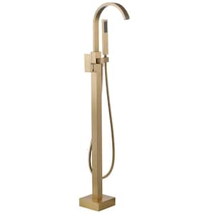 1-Handle Freestanding Floor Mount Tub Faucet Bathtub Filler with Diverter and Hand Shower in Gold