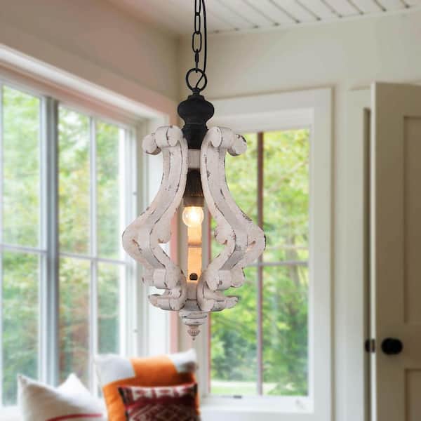 Mariano Cottage Farmhouse Rustic 1-Light Distressed White Wooden Chandelier Kitchen Island Light