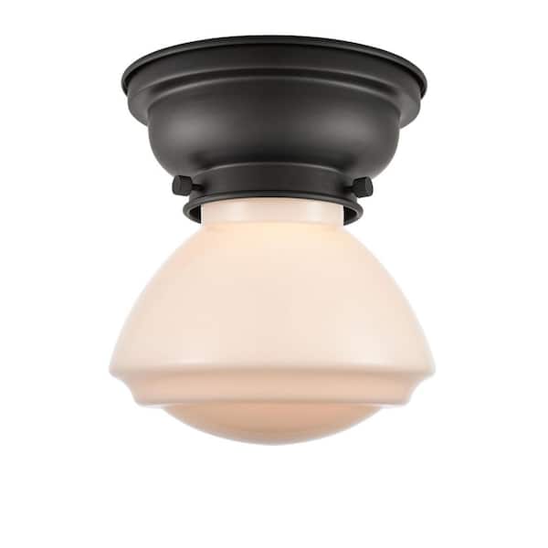 Olean 6.75 in. 1-Light Matte Black Industrial Flush Mount with Seeded Glass Shade