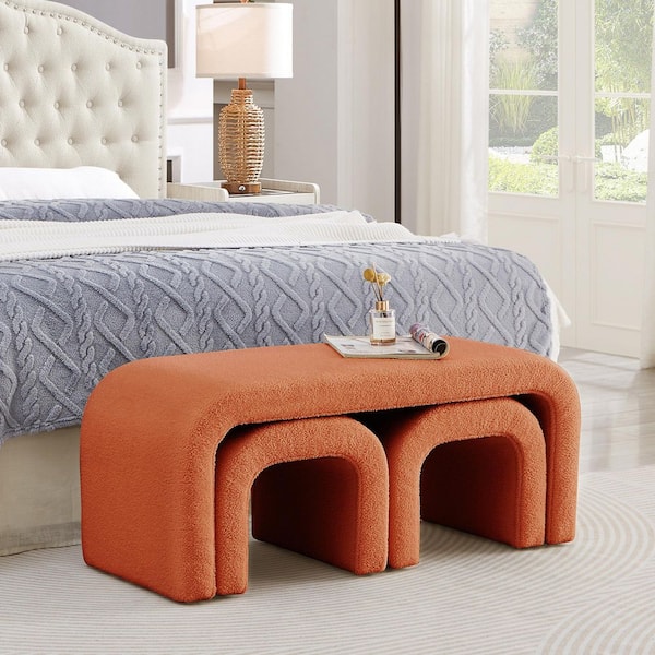 43.5 in. Orange Set of 3 U-Shaped Teddy Ottoman Bench 2 Small Sofa Footrest Extra Seating Bench and Ottoman Vanity Stool