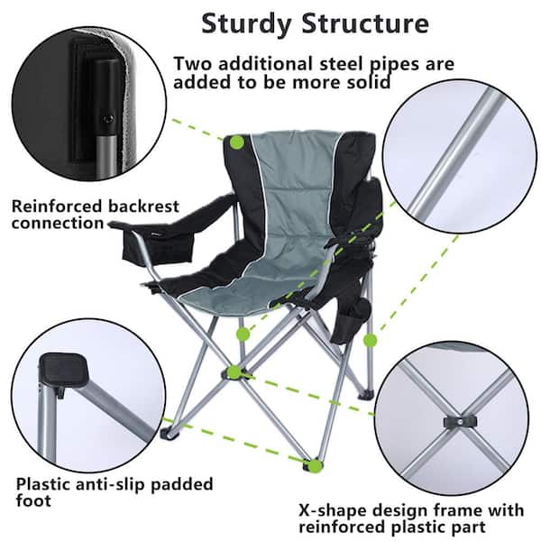 Grey Oversized Camping Folding Chair with Cup Holder and Side Cooler B