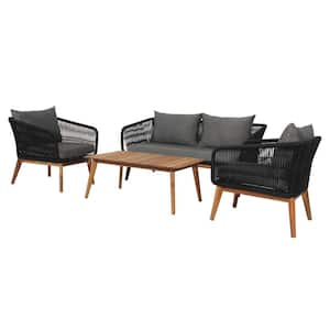 Mieres 4-Piece Rope Woven Steel Powder Coated Frame Acacia Patio Conversation Set with Grey Cushions