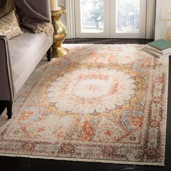 Vintage Persian 6 ft. x 9 ft. Cream/Rust Distressed Radial Medallion Area Rug