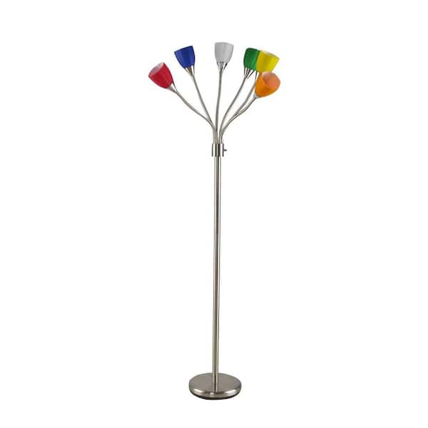 Unbranded 68 in. Brushed Nickel 6-Head Floor Lamp with Multi Color Glass Shades