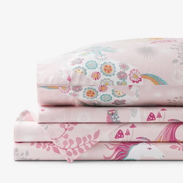 The Company Store Company Kids Fancy Unicorns Pink Multi Organic Cotton Percale Full Sheet Set