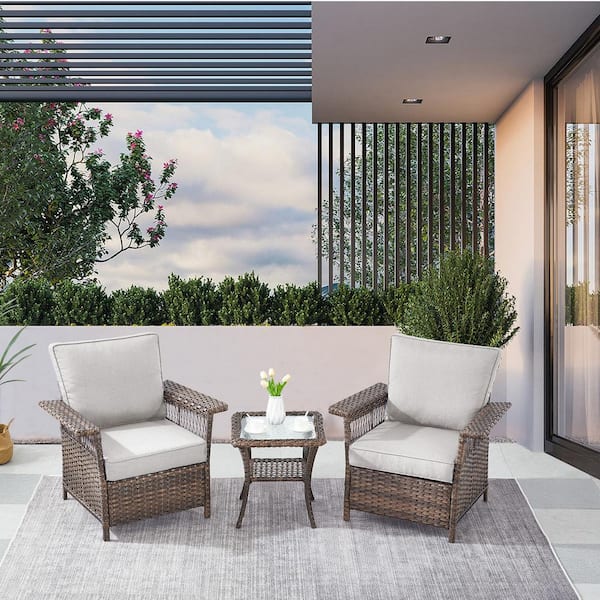 Gymojoy StLouis Brown 3-Piece Wicker Patio Conversation Set with Beige Cushions