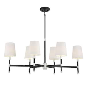 Brody 18 in. W x 18 in. H 6-Light Matte Black with Polished Nickel Accents Linear Chandelier with White Fabric Shades