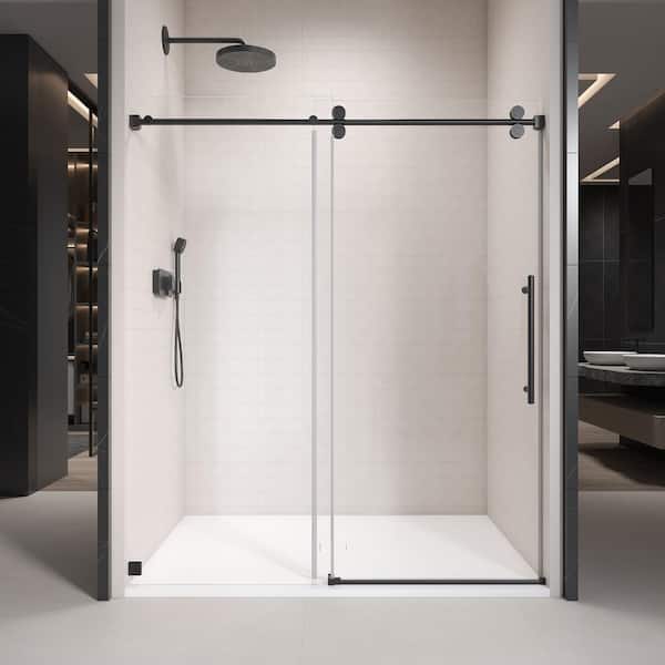 grossag 48 in. W x 76 in. H Single Sliding Frameless Shower Door in Matte Black Finish with 3/8 in. Tempered Clear Glass