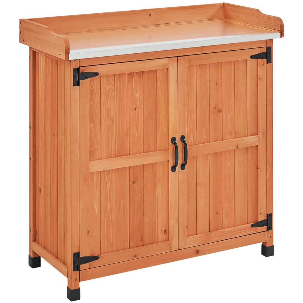 Brown Fir Wood Garden Potting Bench with Metal Tabletop