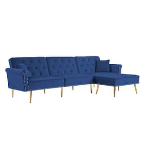 110.2 in W Flared Arm Velvet L Shaped Reclining Sofa in Blue with Nailhead Trim