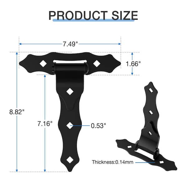 WINSOON 8.6 in. x 7.5 in. Black T-Strap Heavy-Duty Gate Hinges Wrought Hardware with Screws (2-Pack)