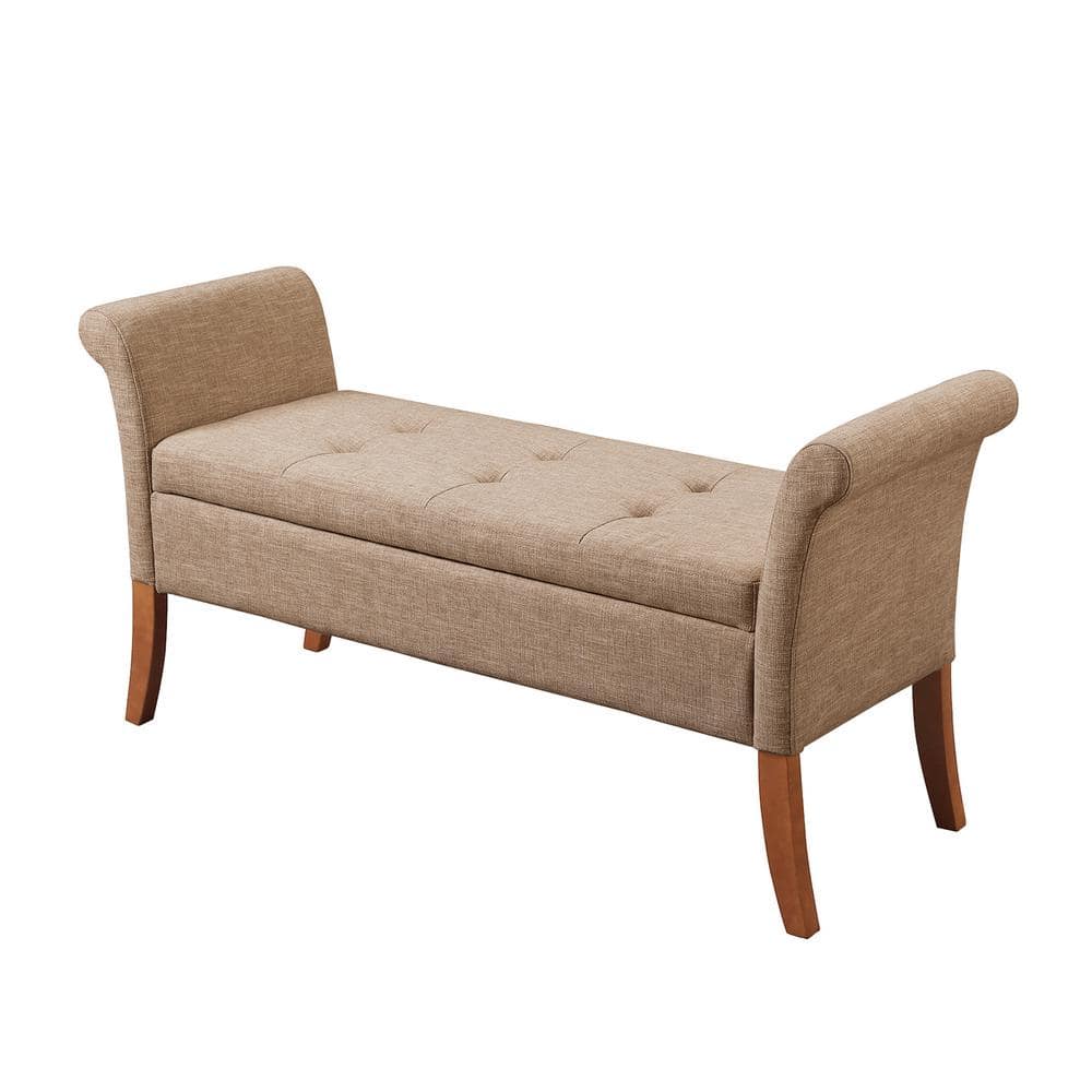 Classic Tan Fabric Rolled Arm Storage Bench with Solid Wood Feet