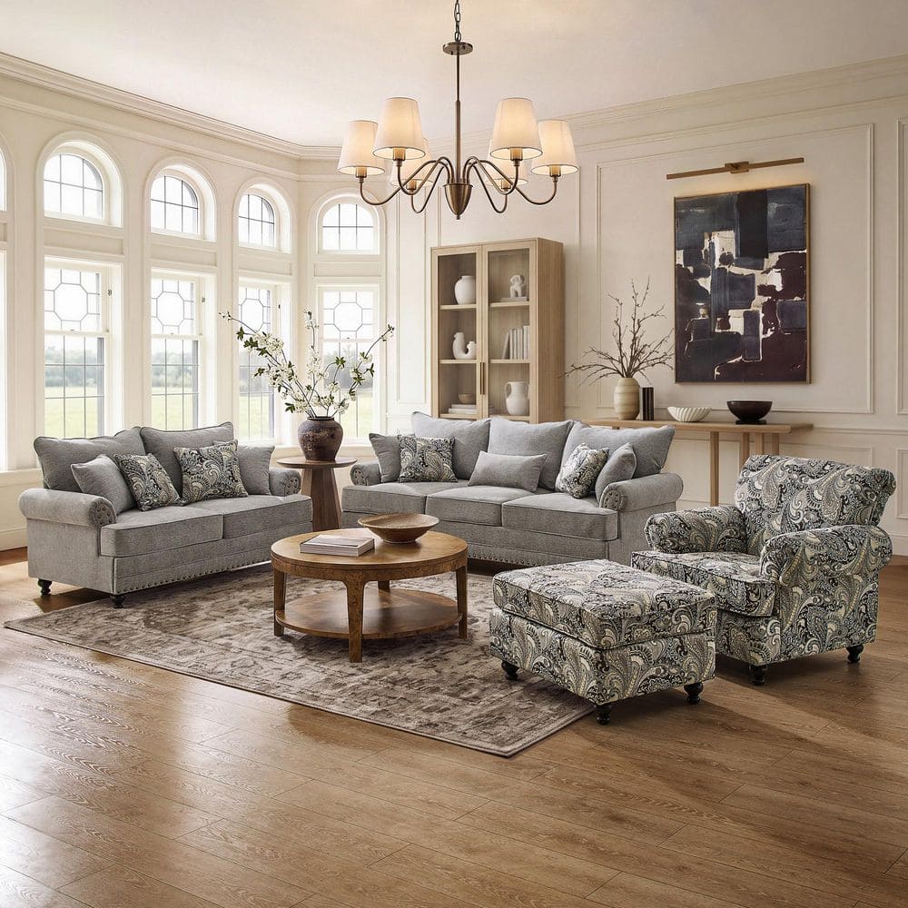 4-Pieces Modern Farmhouse Couch Set Chenille Gray Flora Sofa Loveseat and Armchair Living Room Set with Ottoman