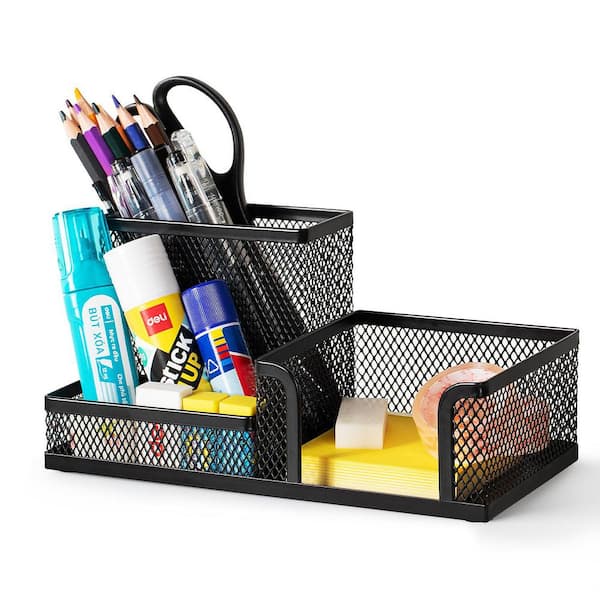 Black 7.87 in. x 11.22 in. Steel Wire Mesh Desk Organizer with 3 Compartments for Office Supplies
