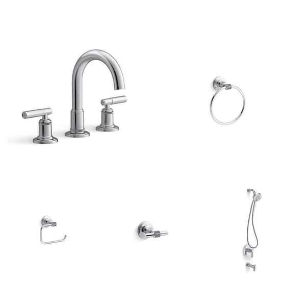 Torrington Chrome Bathroom Set: 8 in. Faucet, Towel Ring, Toilet Paper Holder, Robe Hook, Shower Faucet