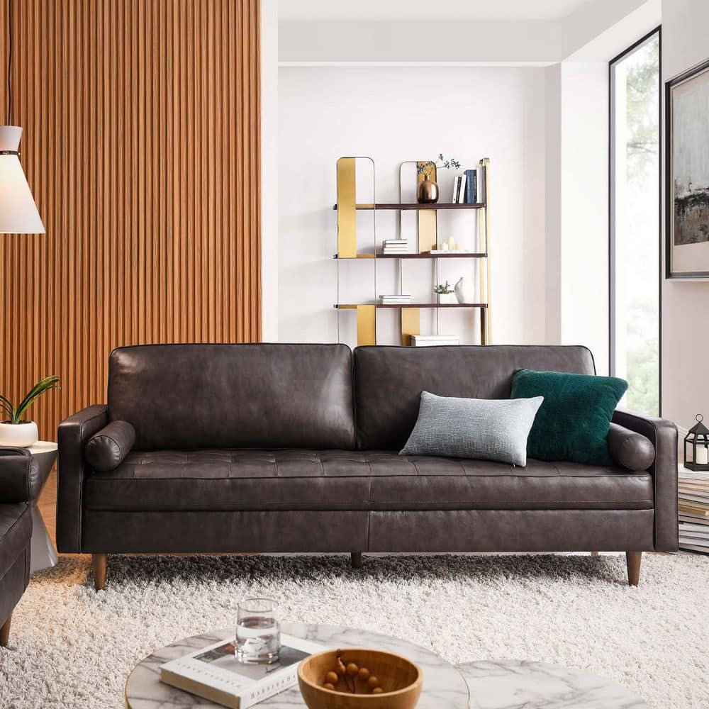 Lawson 88" Tufted Brown Leather Sofa with Track Arms and Ottoman