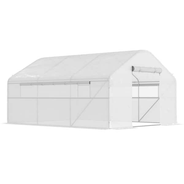 Outsunny 118.1 in. W x 155.5 in. D x 77.6 in. H Galvanized Steel Frame, PE Cover, White Hoop House Greenhouse