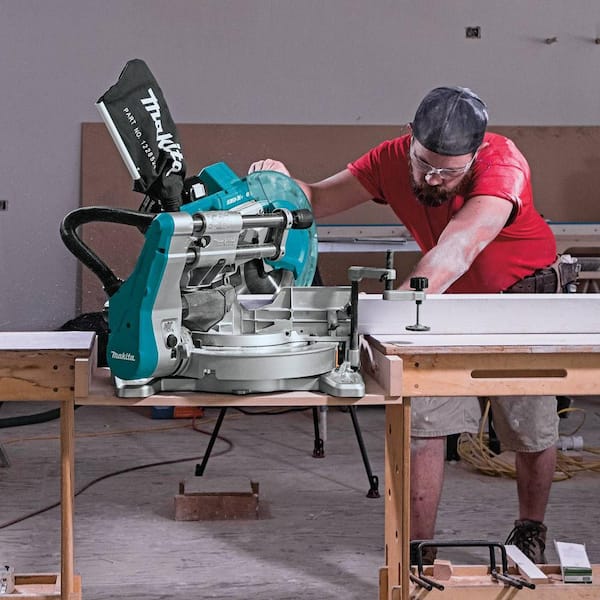 Makita 18V X2 LXT 36V Brushless 10 in. Dual Bevel Sliding Compound Miter Saw Kit 5.0Ah and Portable Rise Miter Saw Stand XSL06PT WST05 The Home Depot