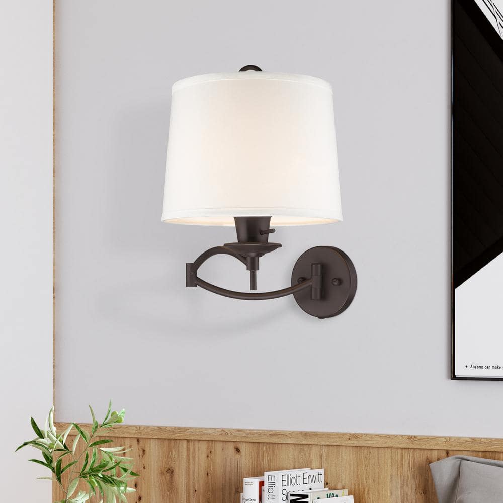 Transitional Bronze Swing Arm Wall Lamp with Off-White Linen Shade