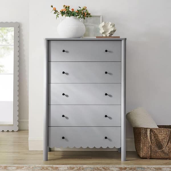 Modway Emmeline Scallop 5-Drawer Chest in Light Gray – Tall Dresser with 5 Full-Glide Drawers