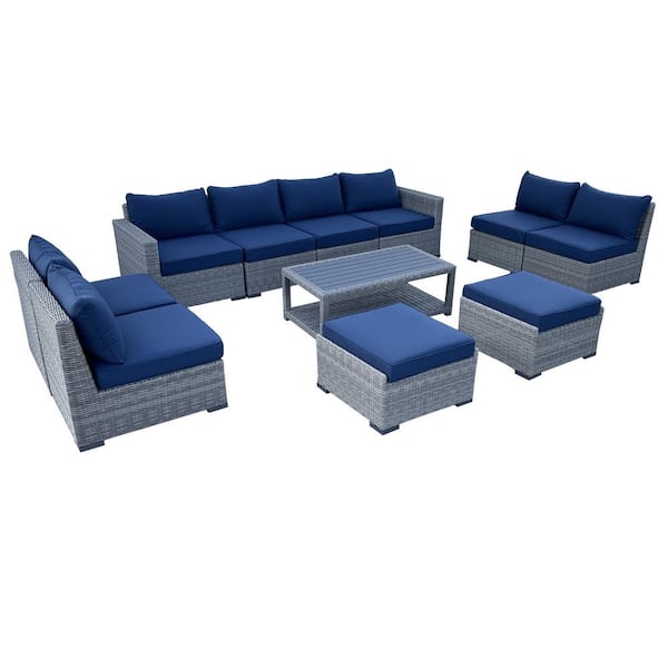 AndMakers Urban Oasis 11-Piece Wicker Rattan Outdoor Sectional Set with Blue Cushions and Coffee Table