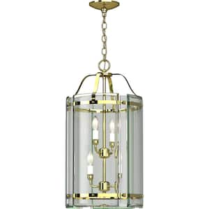 4-Lights Polished Brass Chandelier with Clear Glass Panes