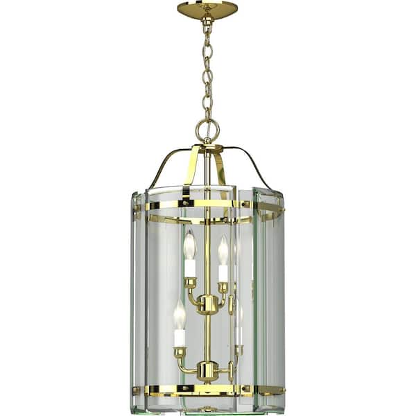 Volume Lighting 4-Lights Polished Brass Chandelier with Clear Glass Panes
