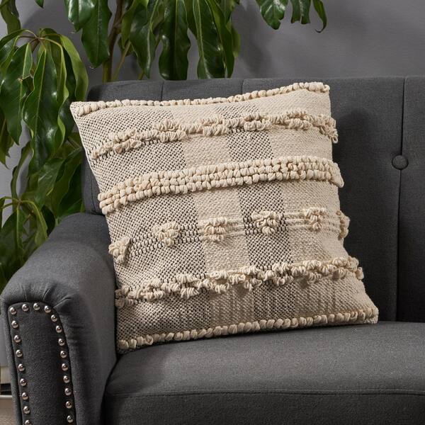Noble House Blaisedell Natural and Light Grey Geometric Zipper 18 in. x 18 in. Throw Pillow Cover