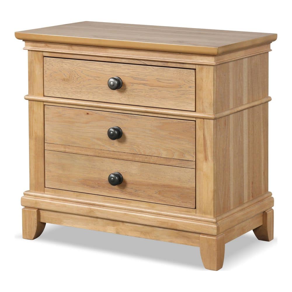 Natural Oak 2-Drawer Solid Wood Nightstand with Metal Knobs