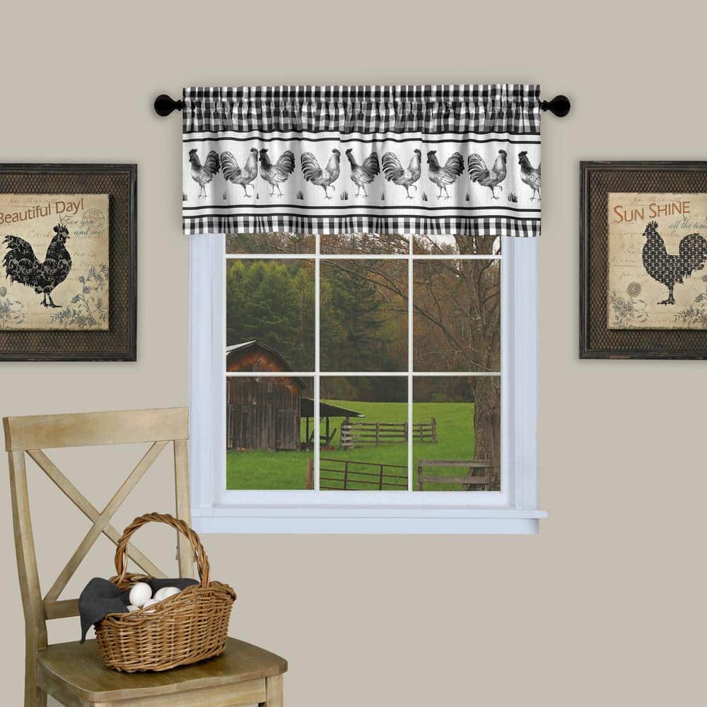 Black Gingham Rooster Print Kitchen Curtain Set, 58 x 24