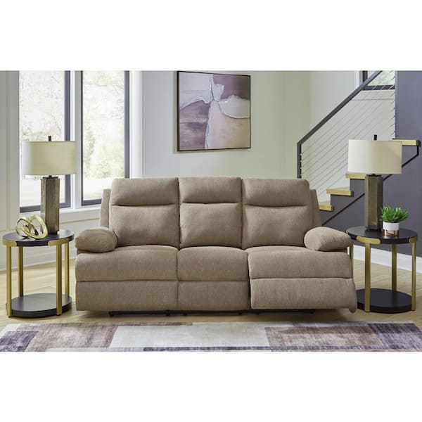 Yarrow Lane 86 in. Pillow Top Arm Chenille Rectangle Reclining Sofa with USB Port and Cup Holder in Light Brown