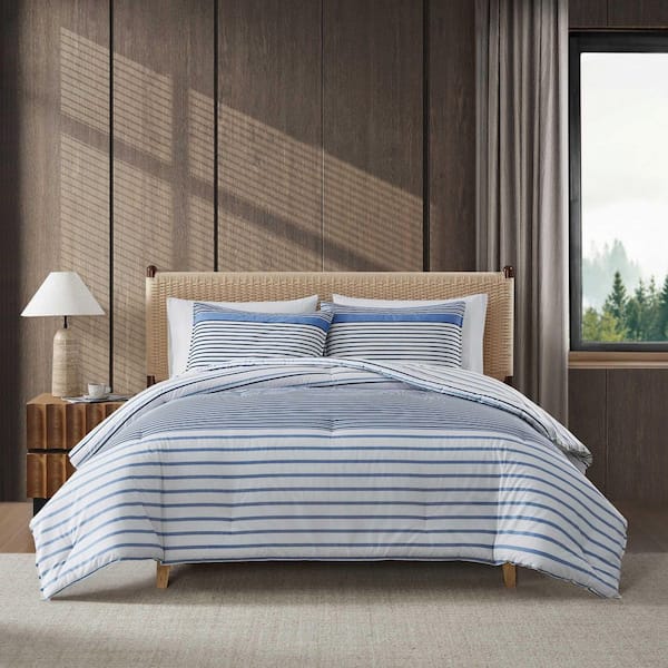 Cooper Stripe 3-Piece Blue Plain Weave Cotton Full/Queen Duvet Cover Set