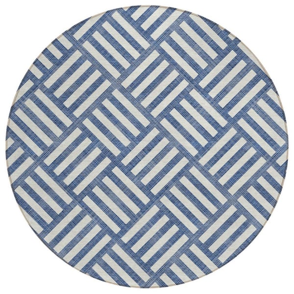 Navy Blue, Ivory 8 ft. Round Woven Geometric Polyester Round Indoor/Outdoor Area Rug