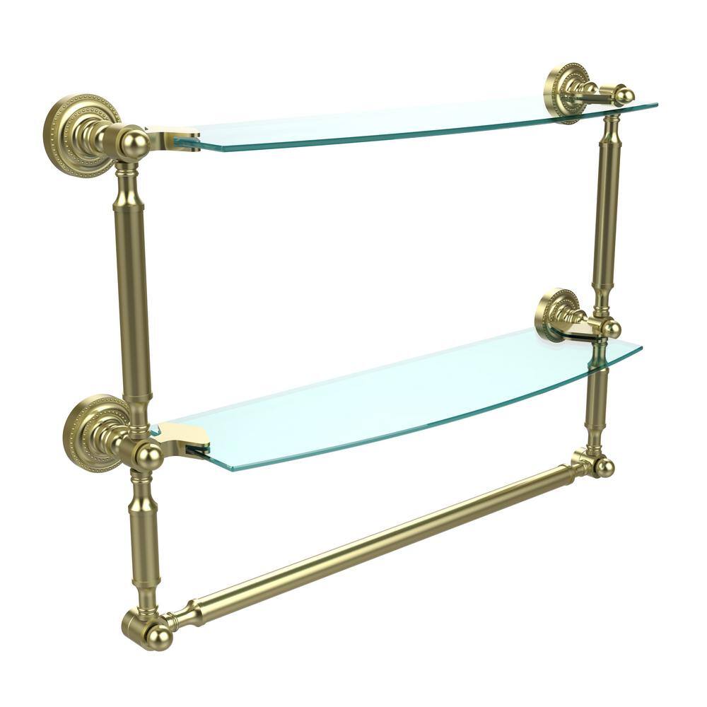 Satin Brass Allied Brass DT-34TB/18-SBR Dottingham Collection 18 Inch Two Tiered Glass Shelf with Integrated Towel Bar 