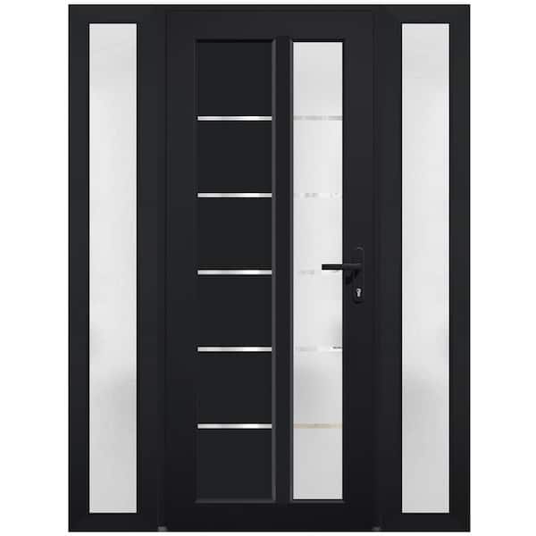 VDOMDOORS 8088 54 in. W. x 80 in. Left-hand/Inswing Frosted Glass Black Metal-Plastic Steel Prehung Front Door with Hardware