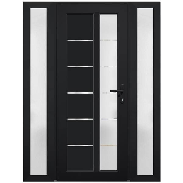VDOMDOORS 8088 58 in. W. x 80 in. Left-hand/Inswing Frosted Glass Matte Black Metal-Plastic Steel Prehung Front Door with Hardware
