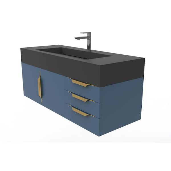 castellousa Nile 36 in. W x 19 in. D x 20 in. H Bath Vanity in Matte Blue with Gold Trim and Black Solid Surface Top