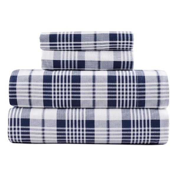 Kathy Ireland 4-Piece Denim Check 100% Turkish Cotton Flannel Queen Sheet Set
