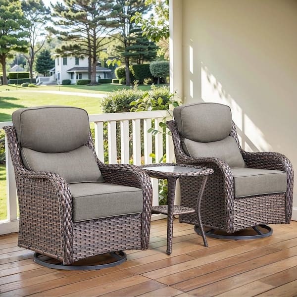 Arcadia Brown 3-Piece Wicker Patio Conversation Set with 6 in. Thick Gray Cushions and Side Table