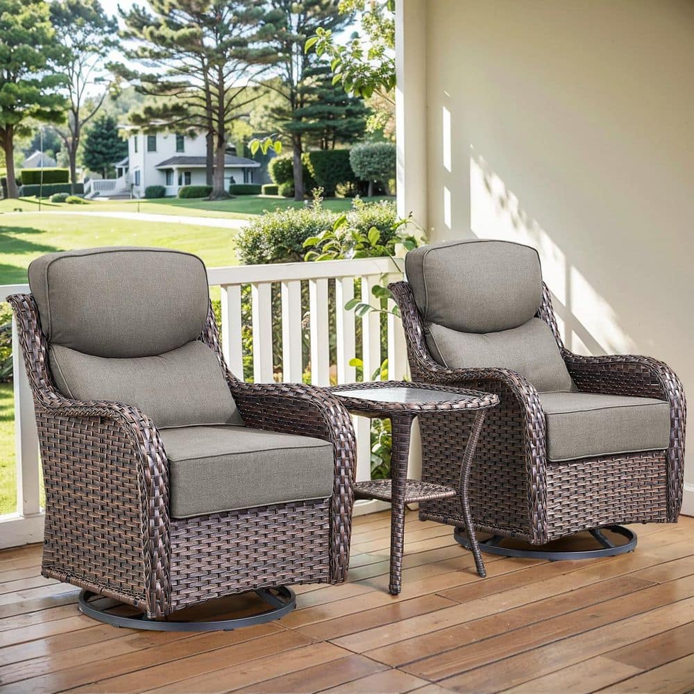 Arcadia Brown 3-Piece Wicker Swivel Rocker Patio Conversation Set with 6 in. Thick Gray Cushions and Side Table price history on PriceWatchPro