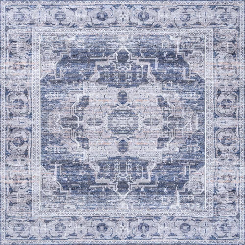 Alanya Ornate Navy and Ivory Square Chenille Area Rug