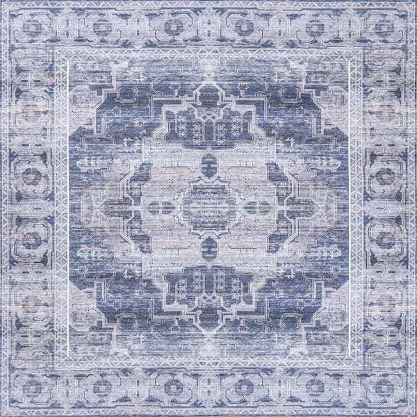 Alanya Ornate Navy/Cream 6 ft. Medallion Machine-Washable Square Area Rug