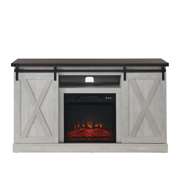 Boyel Living 54 in. W Freestanding Wooden Storage Electric Fireplace TV Stand in White with Sliding Barn Door Fits TVs up to 65 in.
