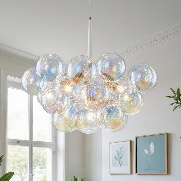 HUOKU Alma 6-Light 24.8 in.W Brass Iridescent Bubble Glass