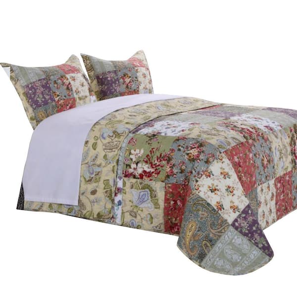 Benjara 3-Piece Multi-Colored Solid Queen Size Microfiber Quilt Set
