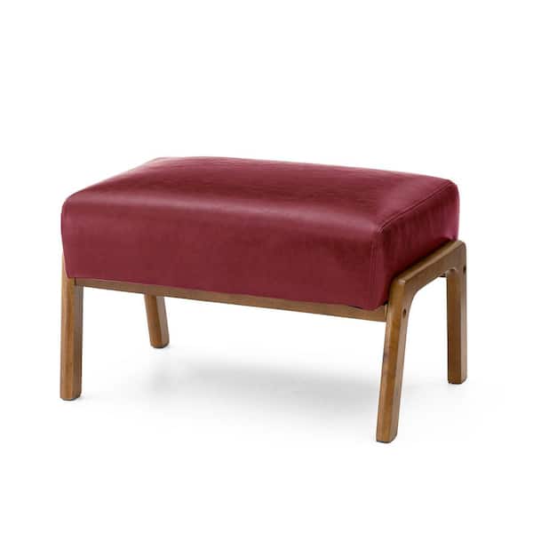 Mid-century Modern Burgundy Leatherette Accent Stool with Walnut Rubberwood Legs